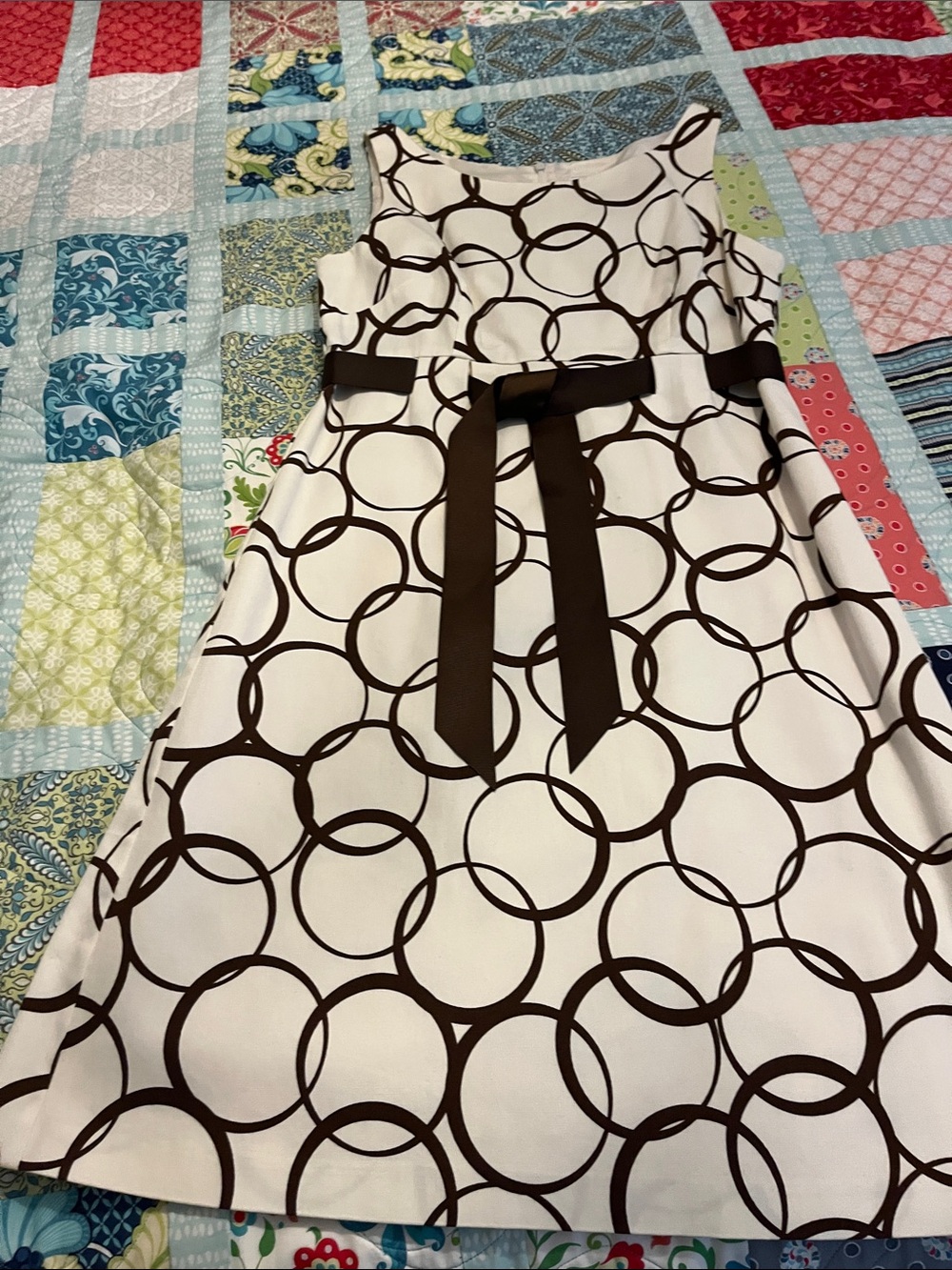 Jessica Howard cream Midi Dress with Brown Circle Print and Brown Waist Tie